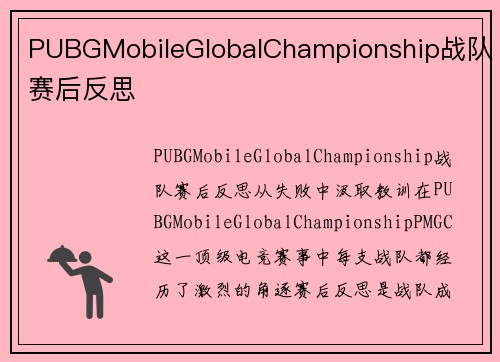 PUBGMobileGlobalChampionship战队赛后反思