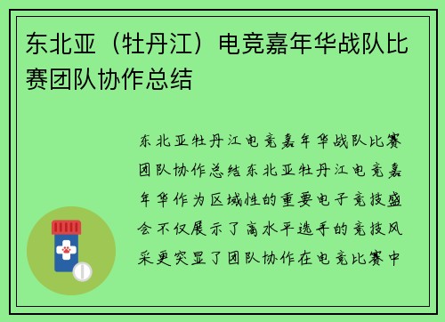 东北亚（牡丹江）电竞嘉年华战队比赛团队协作总结