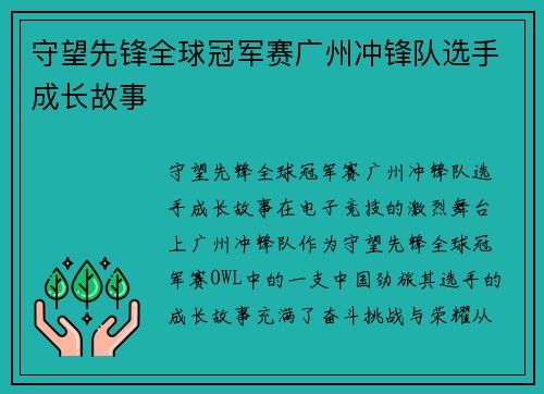 守望先锋全球冠军赛广州冲锋队选手成长故事
